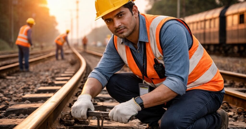 Railway Level 1 job employee working on track India